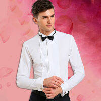 Wing Tip Collar Tuxedo เสื้อแขนยาวผู้ชายภาษาฝรั่งเศสคำ Cuff ปุ่มชุดแต่งงานเสื้อ Wingtip สีขาวสีดำ Pleat กับ Bowtie