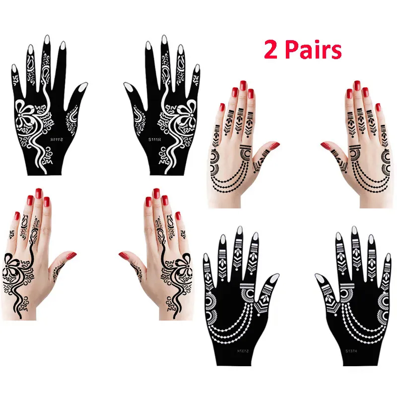 2 Pairs /4 Sheets Hand Henna Stencils For Body Paint,Flower Glitter  Airbrush Mehndi Henna Tattoo Juice Templates 2 Pairs 21*12cm