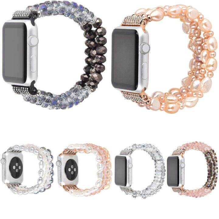 สร้อยข้อมือมุกคริสตัลยืดยืดหยุ่นสำหรับ-apple-watch-band-series-5-4-40mm-44mm-ผู้หญิง-bling-สายสำหรับ-iwatch-1-2-3-38mm-42mm