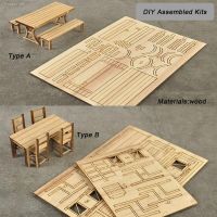 ﹉ Diy Model Making 1:35 Scale Miniature Table Chairs Set Architecture Building Layout Wood Assembled Kits for Diorama