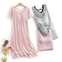 Female xia trill stripes with a particular bra cup one-piece knee-length loose back beautiful nightgown short sleeves