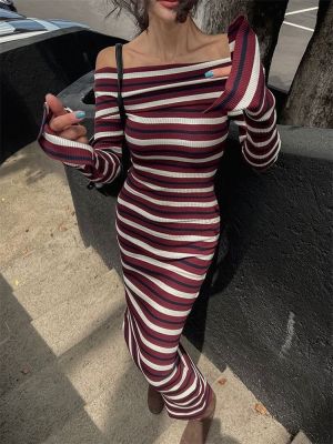 ﹍♀ Tossy Striped Off-Shoulder Knit Maxi Dress Women Patchwork Slim Fashion Elegant Party Dress Knitwear High Waist Womens Dress