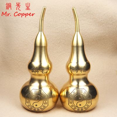 14cm Height Brass Gourd Figurines Lucky Feng Shui Desktop Ornament Bagua Diagram Pattern Carved Hollow Openable Home Decor Craft