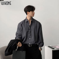 Suikone เสื้อทรงหลวมผอมแขนยาวแฟชั่นลำลองเรียบง่ายเสื้อเชิ้ตผู้ชาย