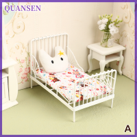 QUANSEN 1ชุด1:12 dollhouse Miniature Iron เตียงยุโรปเตียงเปลพร้อมที่นอนเบาะแขวนเครื่องประดับตกแต่งห้องนอนของเล่น