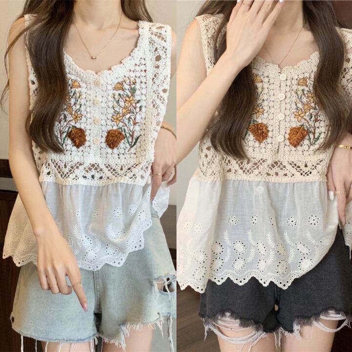 สินค้ามาใหม่-เสื้อกล้าม-แขนกุด-ผ้าถัก-ลายดอกไม้-สไตล์คลาสสิค-สําหรับผู้หญิง-แต่งชายเสื้อเก๋ๆ-ใส่แล้วปั๊วะปัง-พร้อมส่ง