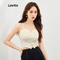 ◇ Lovito เสื้อครอปท็อป ผ้าเนื้อดี แต่งสม็อค แต่งผ่า กระดุมติดด้านหน้า สีพื้น สไตล์ลำลอง สำหรับผู้หญิง L47ED005 (สีขาว)