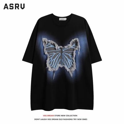 ASRV เสื้อยืดผู้ชาย เสื้อผ้าผู้ชาย t shirt for men เสื้อยืดแขนสั้นสำหรับผู้ชาย,เสื้อยืดแขนสั้นพิมพ์ลายผีเสื้อด้านหลังแบบเรียบง่ายคอกลมระบายอากาศได้ดี