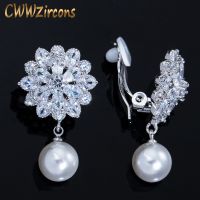 CWWZircons No Piercing White CZ Crystal Dangle Drop Pearl Flower Clip on Earrings Non Hole Pierced Ear Jewelry For Women CZ410