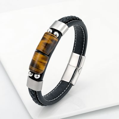 New Lucky Board Retro Jewelry Natural Tiger Eye Stone Men 39;s Stainless Steel Bracelet Charm Classic Black Leather Rope Bracelet