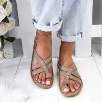 Womens Low Heel Sandals Summer Open Toe Landslide Heel Comfortable Sandals Retro Thick Sole Correction Beach Slippers Shoes Accessories