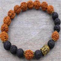 Rudraksha Volcanics Mala 8Mm,สร้อยข้อมือพระสีทองสำหรับผู้ชายสวดมนต์7.5นิ้วสำหรับใส่ได้ทั้งชายและหญิงสร้อยคอมือพลังเรกิโยคะพระมาลา