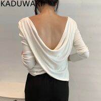 ◇ↂ❁ O Neck Cut-out Backless Cross T-shirt Women Design Slim Fit Long Sleeve Simple Solid Color Tees Korean Style Chic Elegant Tops