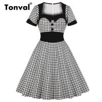 Tonval Rockabilly 50s Gingham Sweetheart Neck Women Retro Dress Button Front 95 Cotton Vintage High Waist Plaid Dresses