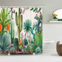 Cactus Green Plant Bath Curtain ห้องน้ำกันน้ำใบโพลีเอสเตอร์ 3D พิมพ์ม่านอาบน้ำม่านห้องน้ำ 180 * 180 ซม