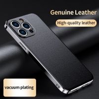 Genuine Cowhide Leather Phone Case for iPhone 14 12 11 13 Pro Max 14 Plus Luxury Plating Shockproof Lens Protection Back Cover