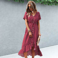 Boho Short Sleeve Polka Dot Summer Dress 2021 Fashion Elegant Long Dresses Women Casual Single-Breasted Beach Party Robe Vintage