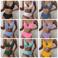 Womens Ribbed Knit Bikini Swimsuits High Waisted Adjustable Spaghetti Straps Back Hook Backless 2 Piece Bathing Suit