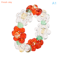 Fresh sky แหวนลูกปัดลายดอกไม้แฟชั่นเกาหลีสำหรับผู้หญิงทำมือหลากสีอุปกรณ์ Y2k ริมชายหาดฤดูร้อน