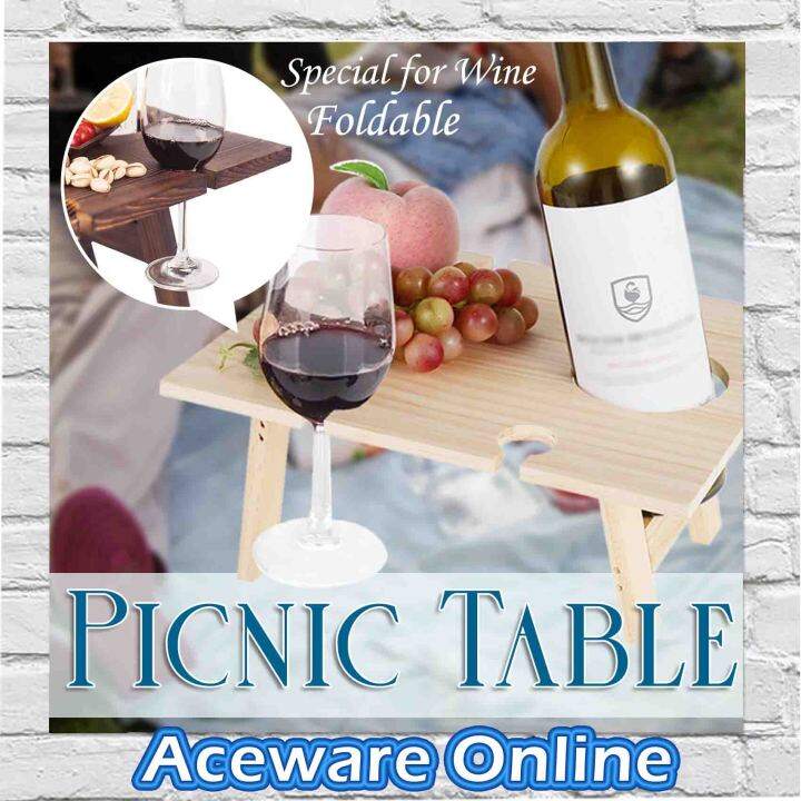 WOODEN FOLDABLE PICNIC TABLE WINE RACK GLASS HOLDER CAMPING OUTDOOR MEJA PICNIC LIPAT Lazada