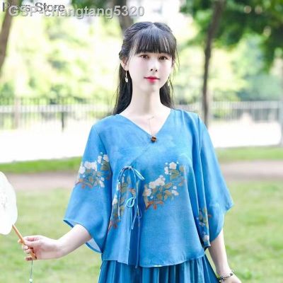 2023ชุดจีน✈Cut เสื้อคอวีพิมพ์ลายฝ้ายลินินผู้หญิงจีน Hanfu เสื้อผู้หญิงหลวม