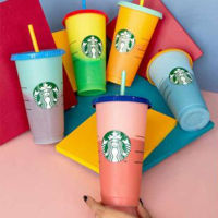 Pearly 5PCS 710ML Starbuc-kscup Color-Changing Cup Reusable Cold Cups Sbux Plastic Starbuck Tumbler Mug with Lid Straw Large Capacity Water Bottle Ket