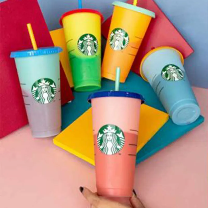 Color Changing Tumblers- Color Changing Cups Cold Drink Cups with Lids and Straws- 5 Pcs Reusable Color Changing Cold Drink Cups- 24 oz Summer Coffee