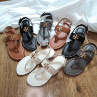 2022 summer toryburchˉtoe pinch metal buckle leather flat sandals non-slip pregnant womens sandals and slippers beach womens shoes large size