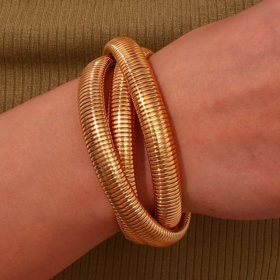 Stainless Steel PVD Gold Plated Silver Color Mixed Popular 3 Layers Wrapped Bracelets Bangles For Women Elastic Chain Bangle
