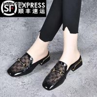 ❧✱ Large size slippers□35-43 large size women s shoes net yarn Baotou half slippers 41 new style outer wear fashion flat bottom half support sandals and slippers 42