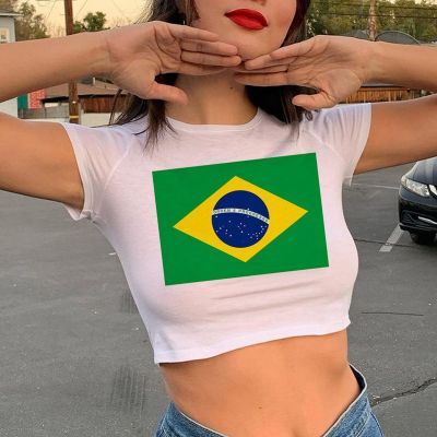 Brazil Flag T Shirt Women White  Aesthetic Kawaii Tumblr Tshirt Crop Top Harajuku Kawaii