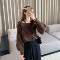 Woherb Vintage Twist Knitted Sweater Women  New Square Collar Pullovers Korean Chic Puff Sleeve Tops Jumper Sweet Pull Femme