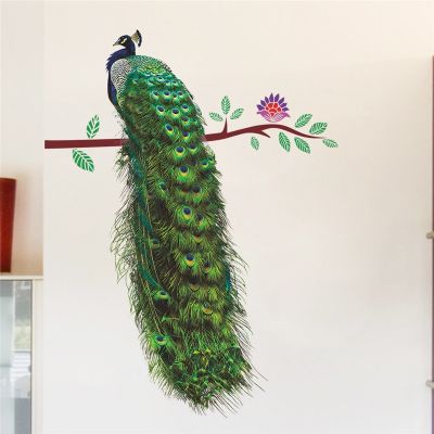 [24 Home Accessories] นกยูงดอกไม้สาขา Feathers สติ๊กเกอร์ติดผนังสำหรับห้องนั่งเล่นห้องนอน Decal Mural Art โปสเตอร์3D สัตว์สดใสตกแต่งบ้าน