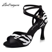 Ladingwu New Summer Salsa Latin Dance Shoes Woman Satin Black High Heel Women Shoe Zebra texture PU Party Ballroom Dance Shoes