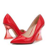 รองเท้าแตะรองเท้าส้นสูง High Heels Merah ใสสไตล์แปลกๆขนาด44 45 46ปลายแหลมแบบสวมรองเท้าแต่งงานสตรีเจ้าสาว