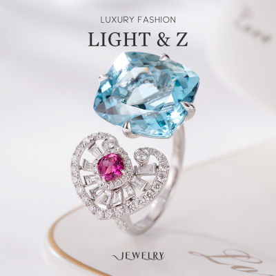 LIGHT &amp; Z แหวนผู้หญิงสไตล์ยุโรปและอเมริกา Sea Blue Love High Carbon สี Treasure เปิดแหวนปรับได้ niche เครื่องประดับ