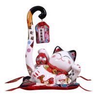 8.6 Inch Ceramic Maneki Neko Lucky Cat Money Box Coin Bank Japanese Long Tail Fortune Cat Feng Shui Home Decor