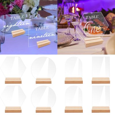 1pcs Blank Clear Table Number Signs Acrylic Display Stand with Wooden Base Place Card Holder for Wedding Party Table Decoration Artificial Flowers  Pl