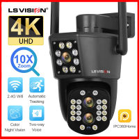 LS VISION 4K สามเลนส์คู่เชื่อมต่อกันด้วยหน้าจอ2.5นิ้ว10X ซูม PTZ IP WiFi กล้องวงจรปิดกลางแจ้งตรวจจับมนุษย์อัตโนมัติ24ชั่วโมงบันทึกวิดีโอกล้องวงจรปิด