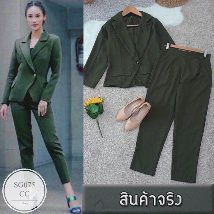 ml075-set-เสื้อ-กางเกงขายาว-เสื้อสูทแขนยาวทรงเข้ารูป-ติดกระดุมหน้า-1-เม็ด-แต่งกระเป๋าหลอก-2-ข้าง-ใส่คู่กับกางเกงขายาว-งานผ้าเนื้อซาร่าทั้ง