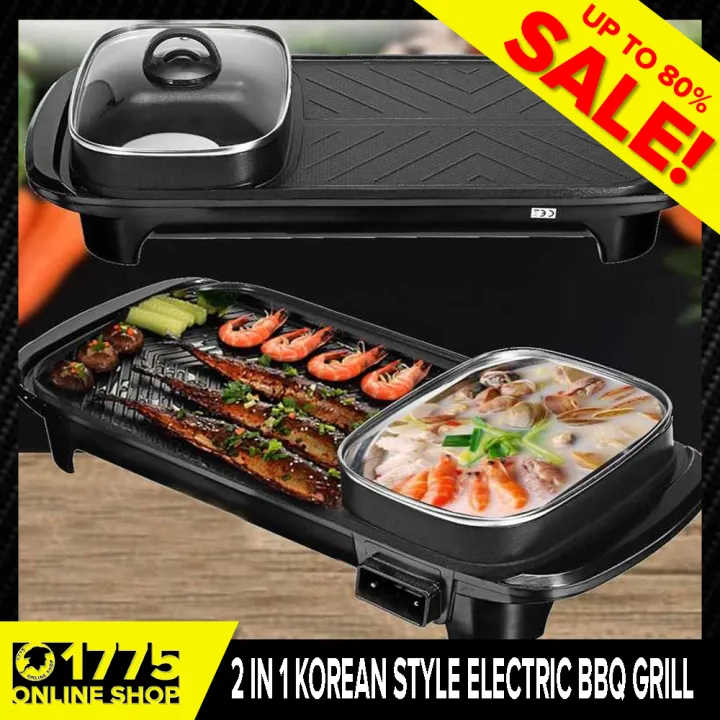 220V 2 In 1 Korean Style Electric BBQ Grill W/ Hotpot BBQ Griddle Non