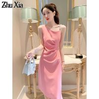 Zhu Xia กระโปรงเอี๊ยมมีจีบเอวใหม่2023,ชุดสีชมพูฝรั่งเศสเข้ากับทุกชุด