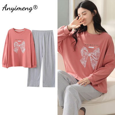 Princess Doesnt Cry! 2PCS Autumn Winter New Pajamas for Women 100 Cotton Pijamas for Young Lady Long Sleeve Girls Sleepwear