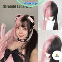 SIMPLE Long Thick Double Color Toupee Hair Extension Lolita Black&amp;pink Wig Women Female Synthetic Bangs Harajuku Goth Style Hair Cosplay Long Straight Hair