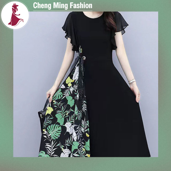 cheng-mingcheng-ชุดเดรสผ้าชีฟองแขนสั้นสำหรับผู้หญิงชุดเดรสแขนยาวปานกลางเฉิงคอกลมพิมพ์แขนสั้น