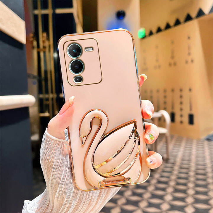 andyh-phone-case-for-vivo-v25-pro-5g-case-new-3d-swan-retractable-stand-phone-case-plating-soft-silicone-shockproof-casing-protective-back-cover