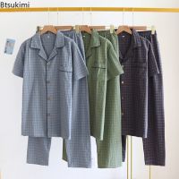 2023 Spring Summer Mens Pajamas Short Sleeved Top and Pants Washed Cotton Simple Plaid Home Service Suit Pantalon Pijama Hombre