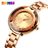 SKMEI Ladies Wrist Watch Dress Gold Watch Women Simple Design Quartz Clock Leather Steel Strap 30Bar Waterproof Wristwatch