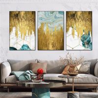 Modern Abstract Gold Canvas Painting With Geometric Design - Perfect Wall Art For Living Room, Cafe,Or Home Decor-ไม่ต้องใช้กรอบ