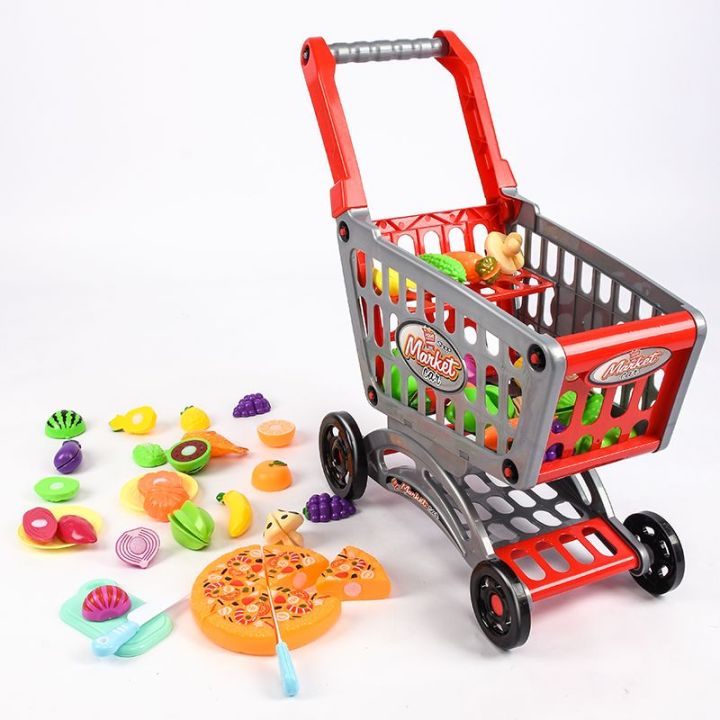 ของเล่นผักผลไม้จำลองผลไม้จำลองสำหรับเด็กตะกร้าของเล่นรถผลักรถเข็นซุปเปอร์มาร์เก็ตรถเข็นซื้อของสีชมพู